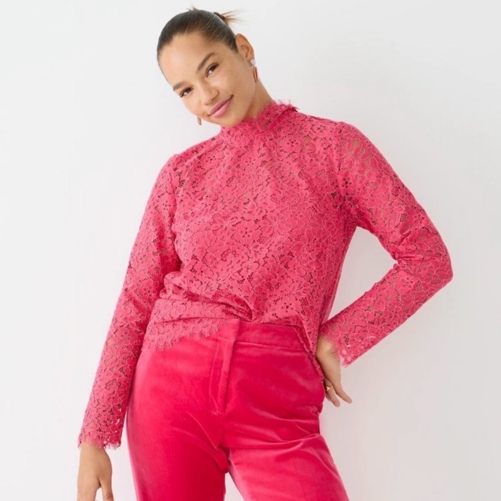 J. Crew Scalloped Lace Mockneck Top Dragon Fruit Pink Size 2